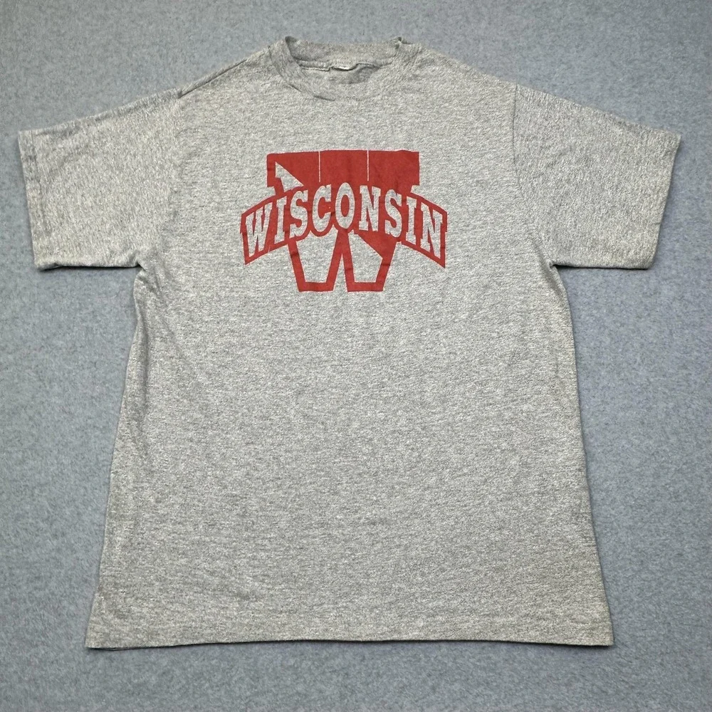 VTG Wisconsin Badgers T-Shirt Mens L‎ Gray 90s Single Stitch MacGregor Sand Knit